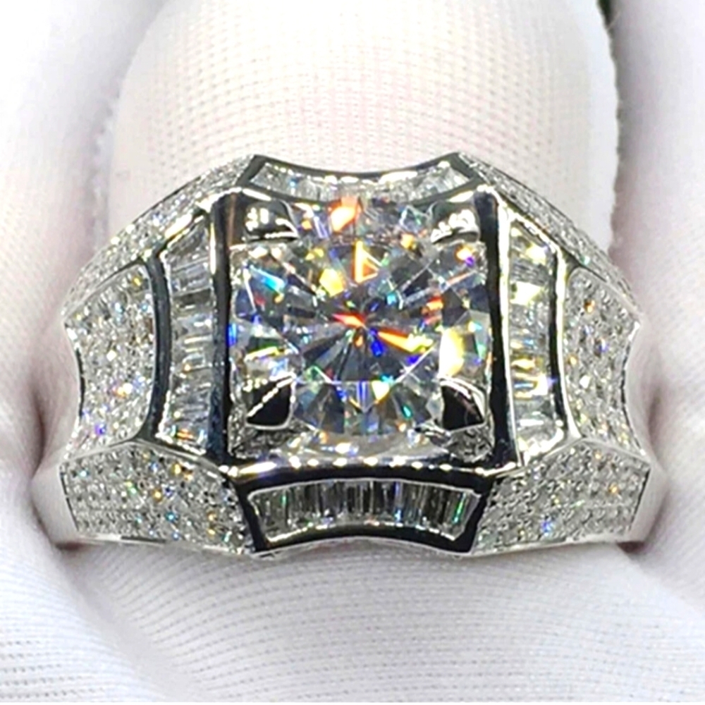 Men's Silver Art Deco Statement Ring with Brilliant-Cut Diamond